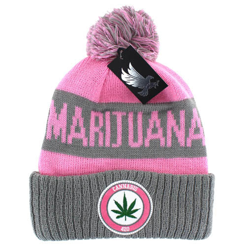 WB184 MARIJUANA , POM BEANIE - PINK(GREY)