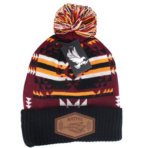 WB386 NATIVE MEDICINE WHEEL , PU PATCH POM BEANIE - BURGUNDY/BLACK