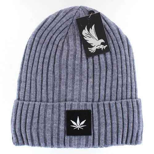 WB700 MARIJUANA , SILVER PATCH, FUR LINED BEANIE - HEATHER GREY