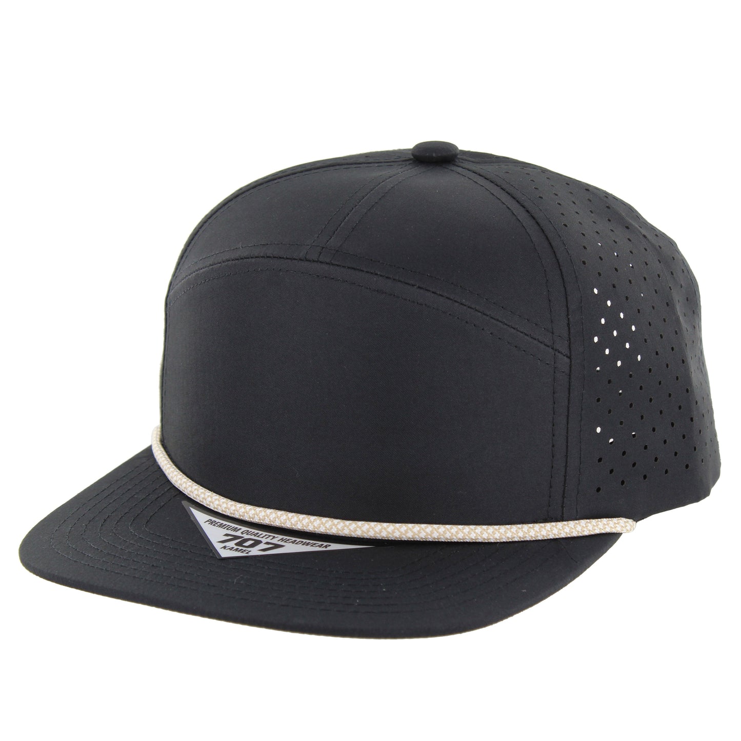 K707DPR - 7 PANEL PERFORATED ROPE CAP - Black (Khaki)
