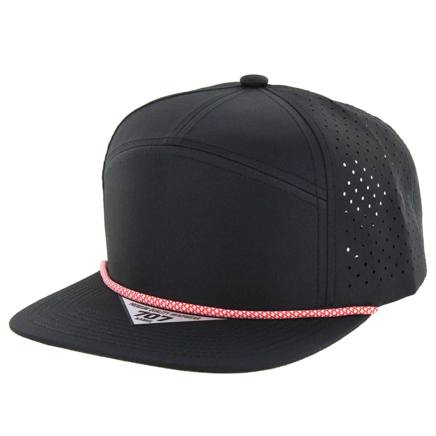 K707DPR - 7 PANEL PERFORATED ROPE CAP - Black (Red)