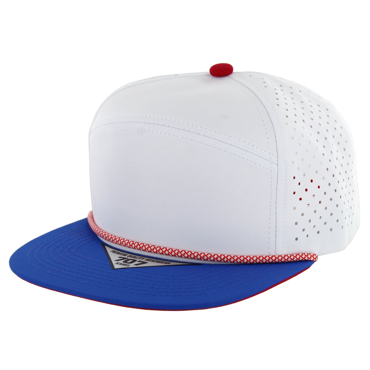 K707DPR - 7 PANEL PERFORATED ROPE CAP - White/Royal (Red)