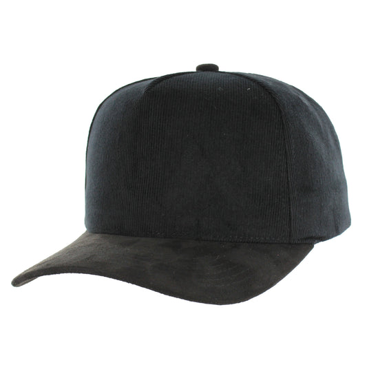 K804CS - 5 PANEL CORDUROY HAT WITH SUEDE VISOR CAP - BLACK/BLACK