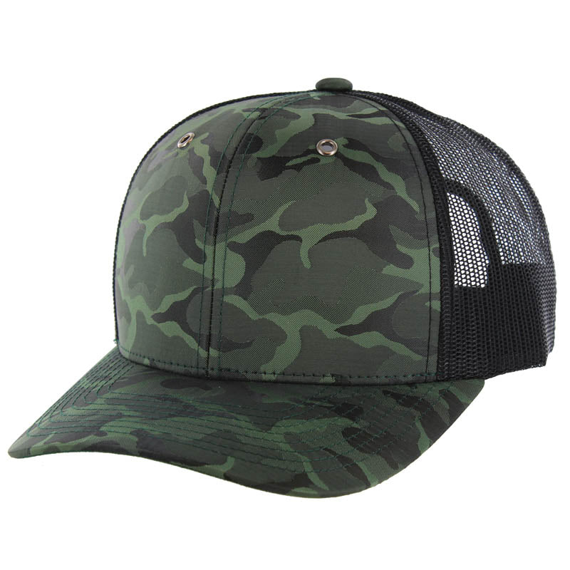 K815NCT - 6 PANEL NYLON CAMO TRUCKER - Green Camo/Black