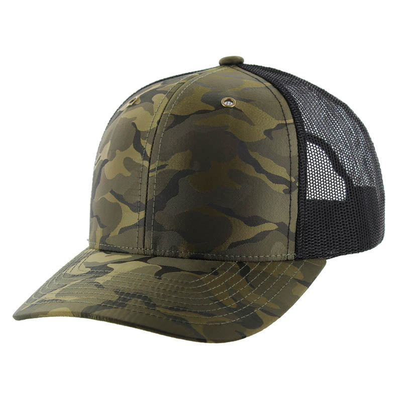 K815NCT - 6 PANEL NYLON CAMO TRUCKER - Olive Camo/Black