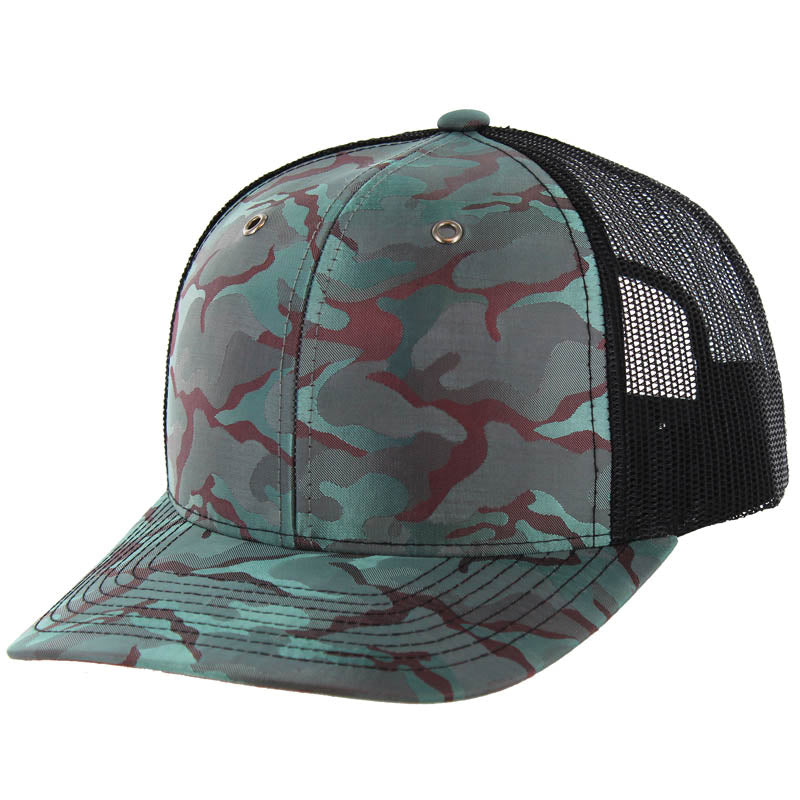 K815NCT - 6 PANEL NYLON CAMO TRUCKER - Teal Burgundy Camo/Black