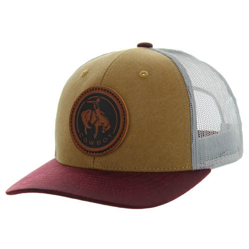 KSM185 COWBOY , CANVAS/OIL LEATHER TRUCKER - KHAKI/BURGUNDY/GRAY
