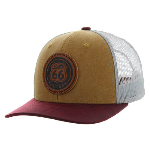 KSM185 ROUTE 66 , CANVAS/OIL LEATHER TRUCKER - KHAKI/BURGUNDY/GRAY