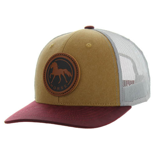 KSM185 HORSE , CANVAS/OIL LEATHER TRUCKER - KHAKI/BURGUNDY/GRAY