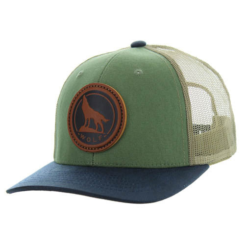 KSM185 WOLF , CANVAS/OIL LEATHER TRUCKER - GREEN/NAVY/KHAKI