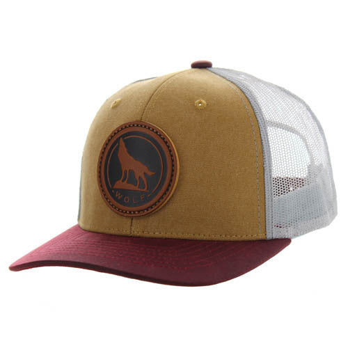 KSM185 WOLF , CANVAS/OIL LEATHER TRUCKER - KHAKI/BURGUNDY/GRAY