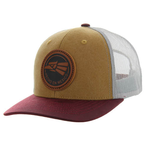 KSM185 HECHO EN MEXICO , CANVAS/OIL LEATHER TRUCKER - KHAKI/BURGUNDY/GRAY