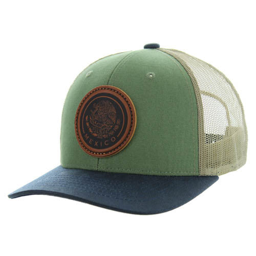 KSM185 MEXICO , CANVAS/OIL LEATHER TRUCKER - GREEN/NAVY/KHAKI