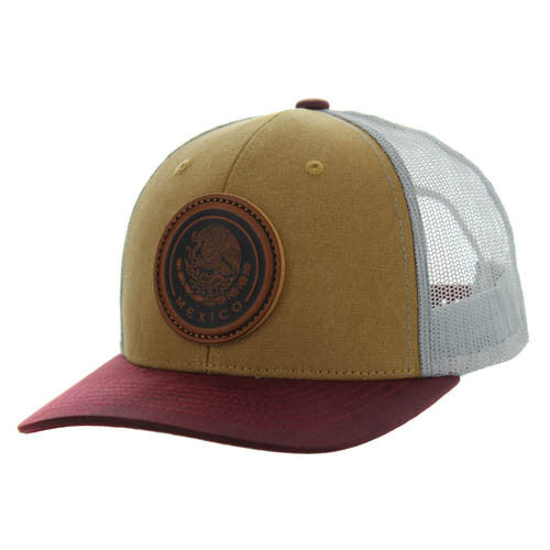 KSM185 MEXICO , CANVAS/OIL LEATHER TRUCKER - KHAKI/BURGUNDY/GRAY