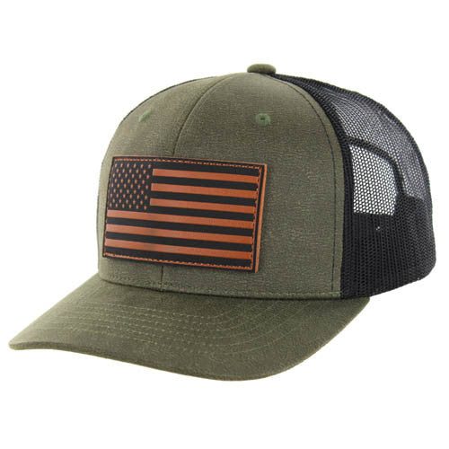 KSM375 USA FLAG , OIL LEATHER TRUCKER - OLIVE