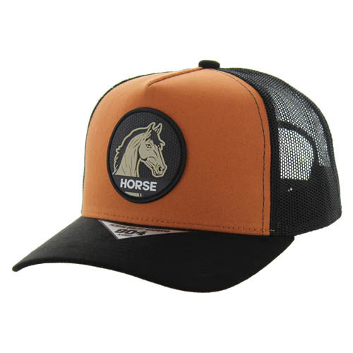 SM104 HORSE , COTTON/SUEDE TRUCKER - BURNT ORANGE/BLACK/BLACK
