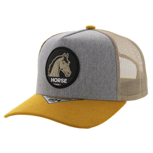 SM104 HORSE , COTTON/SUEDE TRUCKER - HEATHER GRAY/MUSTARD/KHAKI