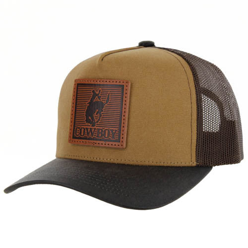 SM264 COWBOY, CANVAS WITH OIL LEATHER VISOR, TRUCKER-KHAKI/BROWN