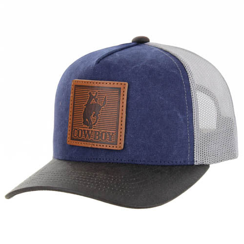 SM264 COWBOY, CANVAS WITH OIL LEATHER VISOR, TRUCKER-NAVY/GRAY