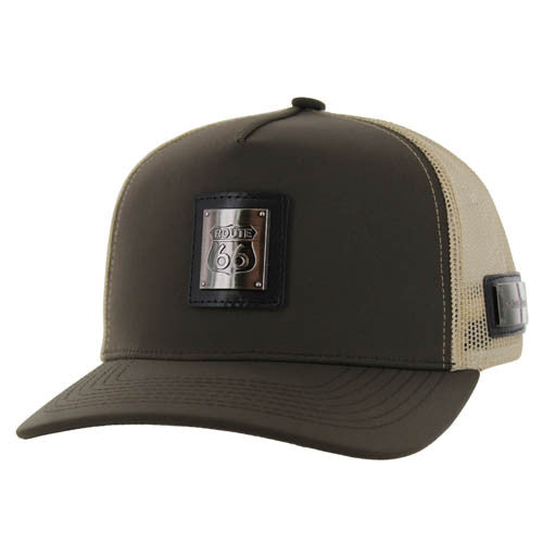 SM327 ROUTE 66 , METAL BADGE , TRUCKER - BROWN/KHAKI