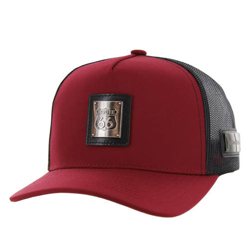 SM327 ROUTE 66 , METAL BADGE , TRUCKER - BURGUNDY/BLACK