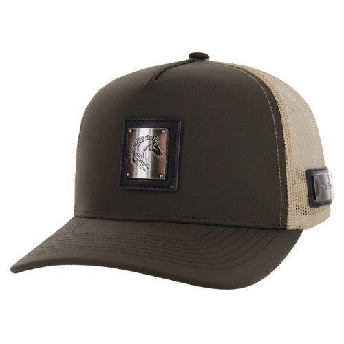 SM327 HORSE , METAL BADGE , TRUCKER - BORWN/KHAKI