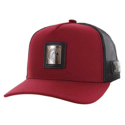 SM327 HORSE , METAL BADGE , TRUCKER - BURGUNDY/BLACK