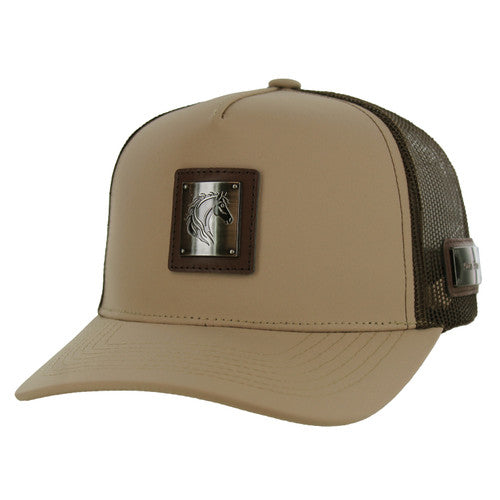 SM327 HORSE , METAL BADGE , TRUCKER - KHAKI/BROWN