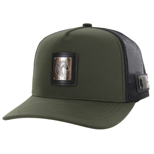 SM327 HORSE , METAL BADGE , TRUCKER - OLIVE/BLACK