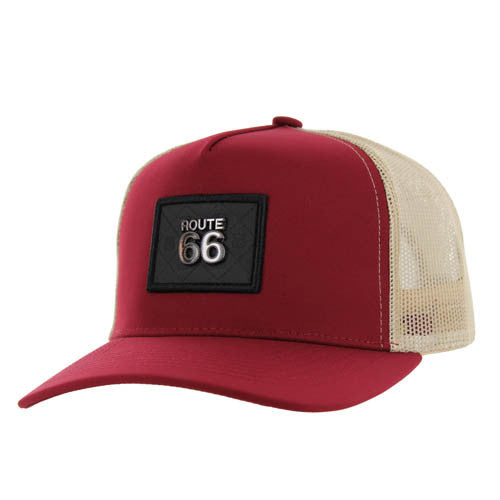 SM329 ROUTE 66 , METAL BADGE , TRUCKER - BURGUNDY/KHAKI