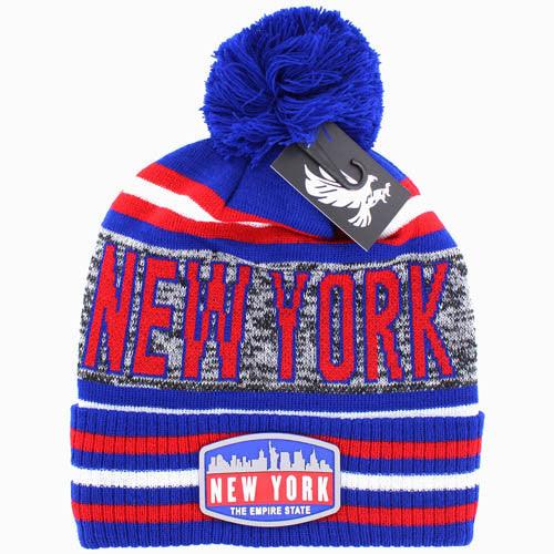 WB032 NEW YORK , POM BEANIE - ROYAL/RED