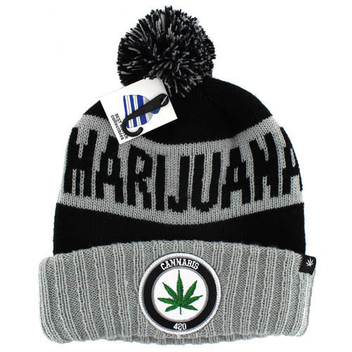 WB184 MARIJUANA , POM BEANIE - BLACK(GREY)