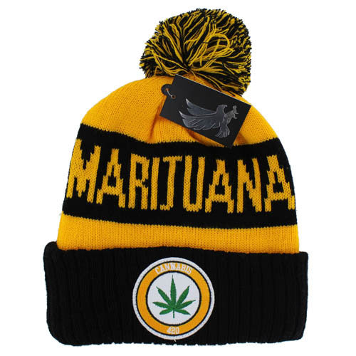 WB184 MARIJUANA , POM BEANIE - GOLD(BLACK)