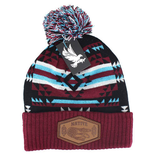 WB386 NATIVE DREAM CATCHER , PU PATCH POM BEANIE - BLACK/BURGUNDY
