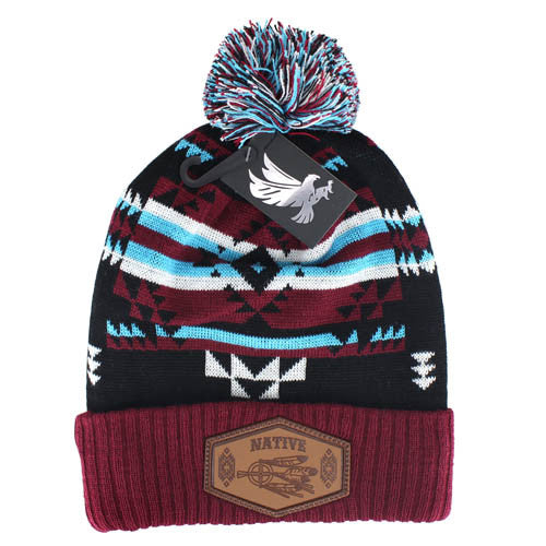 WB386 NATIVE MEDICINE WHEEL , PU PATCH POM BEANIE - BLACK/BURGUNDY
