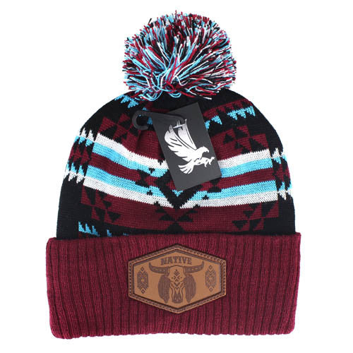 WB386 NATIVE BUFFALO SKULL , PU PATCH POM BEANIE - BLACK/BURGUNDY