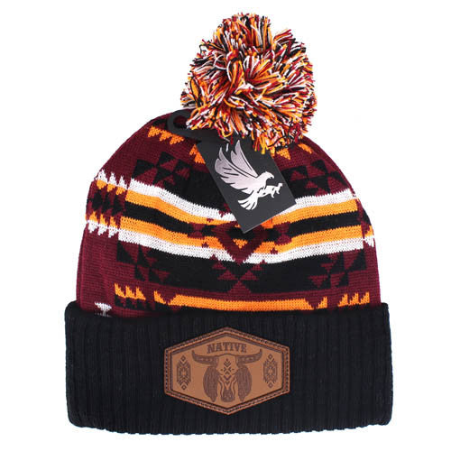 WB386 NATIVE BUFFALO SKULL , PU PATCH POM BEANIE - BURGUNDY/BLACK