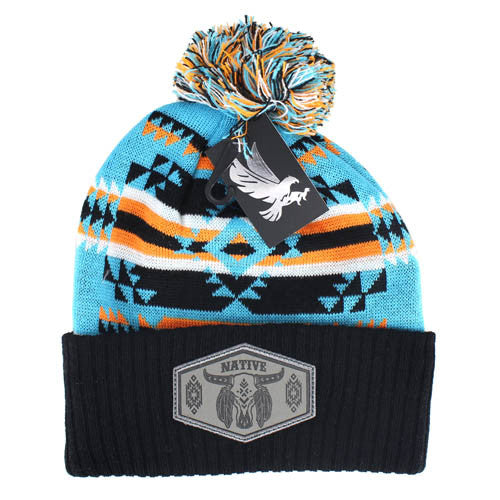 WB386 NATIVE BUFFALO SKULL , PU PATCH POM BEANIE - TURQUOISE/BLACK