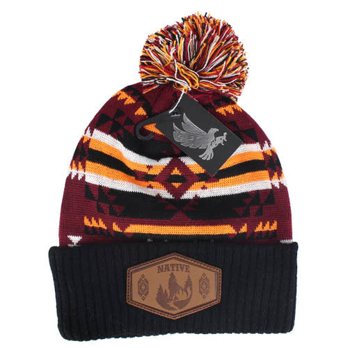 WB386 NATIVE WOLF , PU PATCH POM BEANIE - BURGUNDY/BLACK