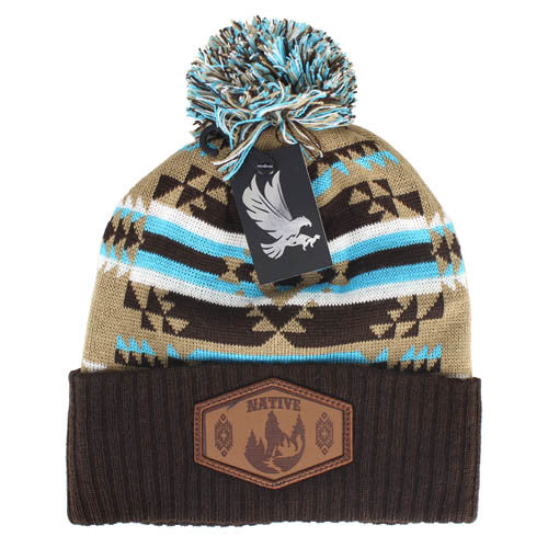 WB386 NATIVE WOLF , PU PATCH POM BEANIE - KHAKI/BROWN
