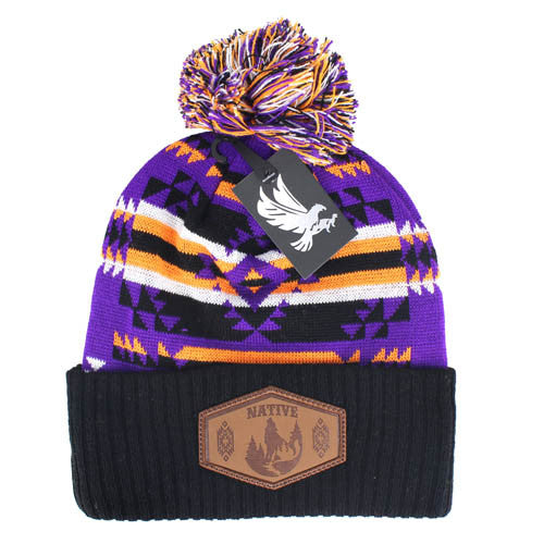 WB386 NATIVE WOLF , PU PATCH POM BEANIE - PURPLE/BLACK