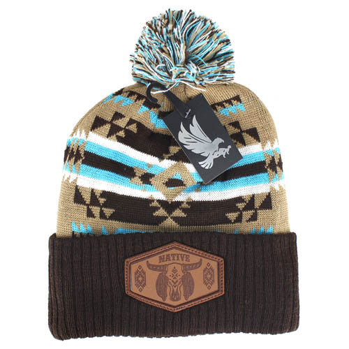 WB386 NATIVE BUFFALO SKULL , PU PATCH POM BEANIE - KHAKI/BROWN