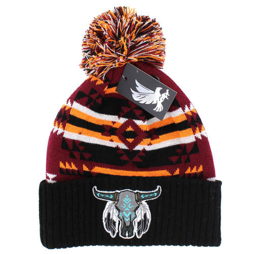 WB387 NATIVE BUFFALO SKULL , POM BEANIE - BURGUNDY/BLACK