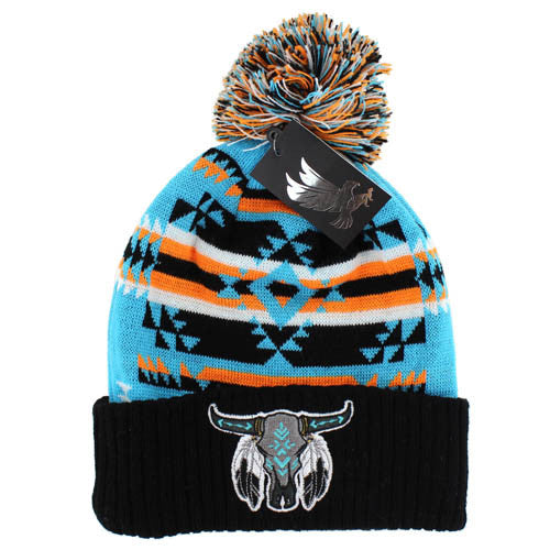 WB387 NATIVE BUFFALO SKULL , POM BEANIE - TURQUOISE/BLACK
