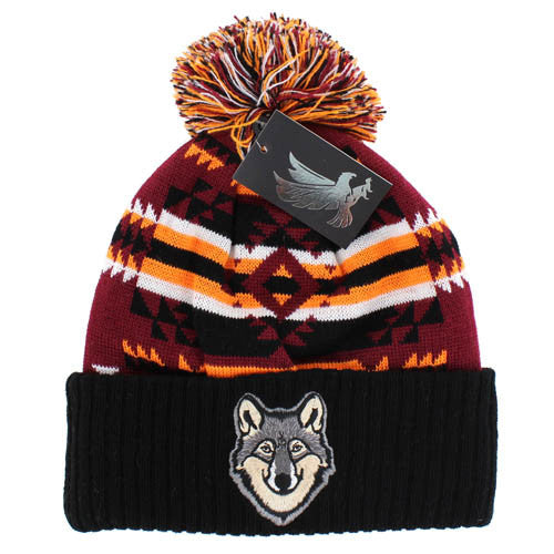 WB387 NATIVE WOLF , POM BEANIE - BURGUNDY/BLACK
