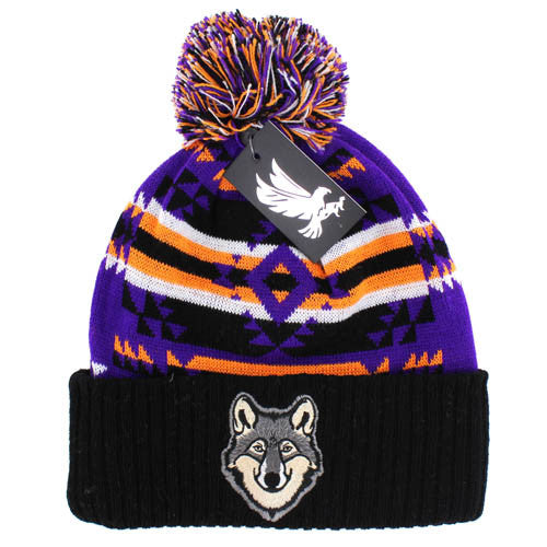 WB387 NATIVE WOLF , POM BEANIE - PURPLE/BLACK
