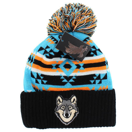 WB387 NATIVE WOLF , POM BEANIE - TURQUOISE/BLACK