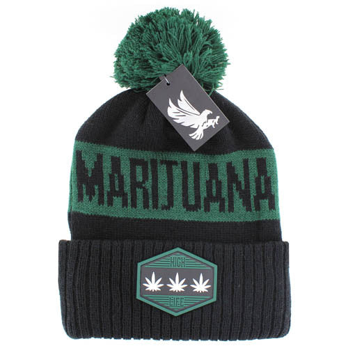 WB684 MARIJUANA , POM BEANIE - BLACK(GREEN)