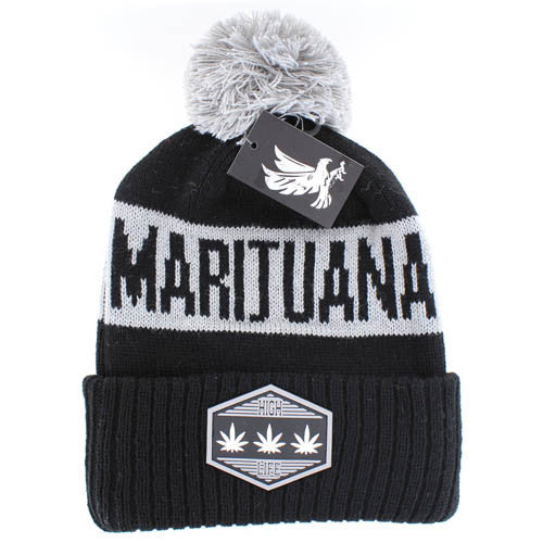 WB684 MARIJUANA , POM BEANIE - BLACK(GREY)