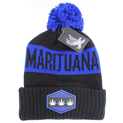 WB684 MARIJUANA , POM BEANIE - BLACK(ROYAL)